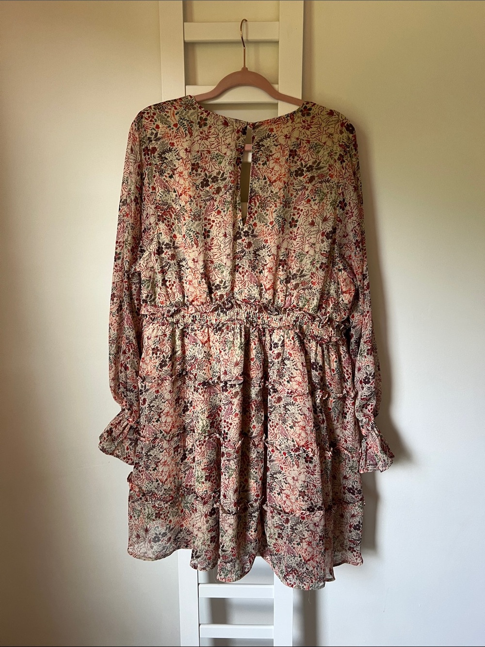 Floral Long-Sleeve V-Neck Tiered Dress - Pink Floral - Picture 3 of 3
